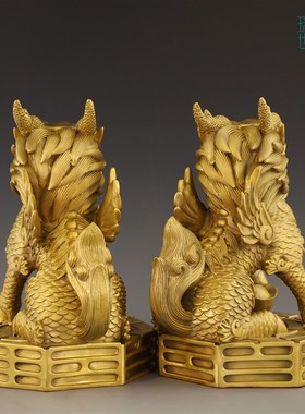 铜麒麟摆件公母一对纯黄铜踩八卦麒麟招财镇宅家居办公室摆设大号