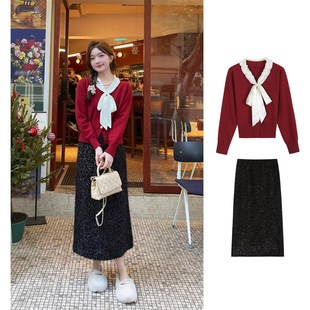 TAKIYAS SHOP红色毛衣+闪亮半身裙套装