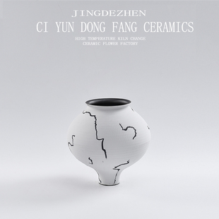 陶罐花瓶摆件素烧禅意粗陶花盆陶泥大口径陶艺素陶白瓷线条摆件瓷