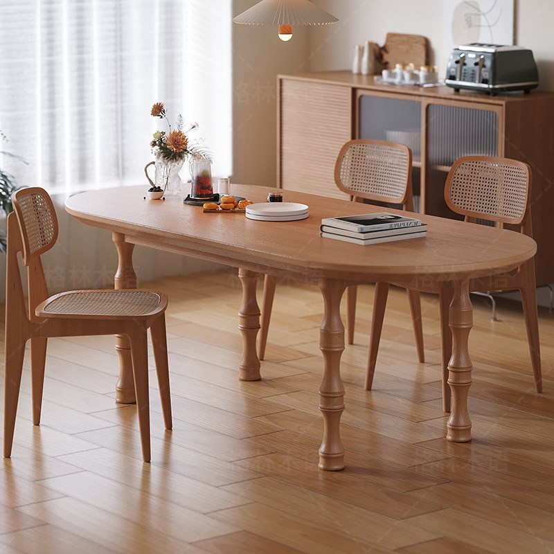 全实木中古法式餐桌罗马腿柱设计师原木小户型餐厅椭圆饭桌椅组合