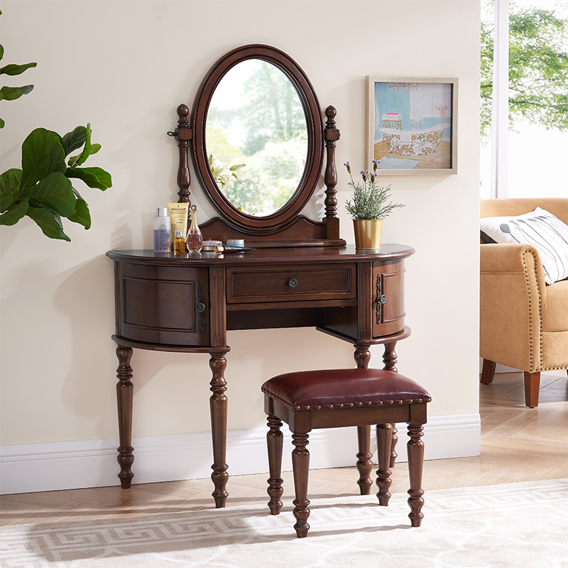 美式全实木翻盖梳妆台桌卧室简约欧式小户型化妆台妆镜收纳柜一体