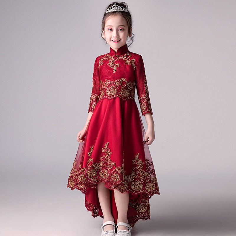 大码胖女孩红色晚礼服公主裙女大童蓬蓬纱花童钢琴演出服小主持人