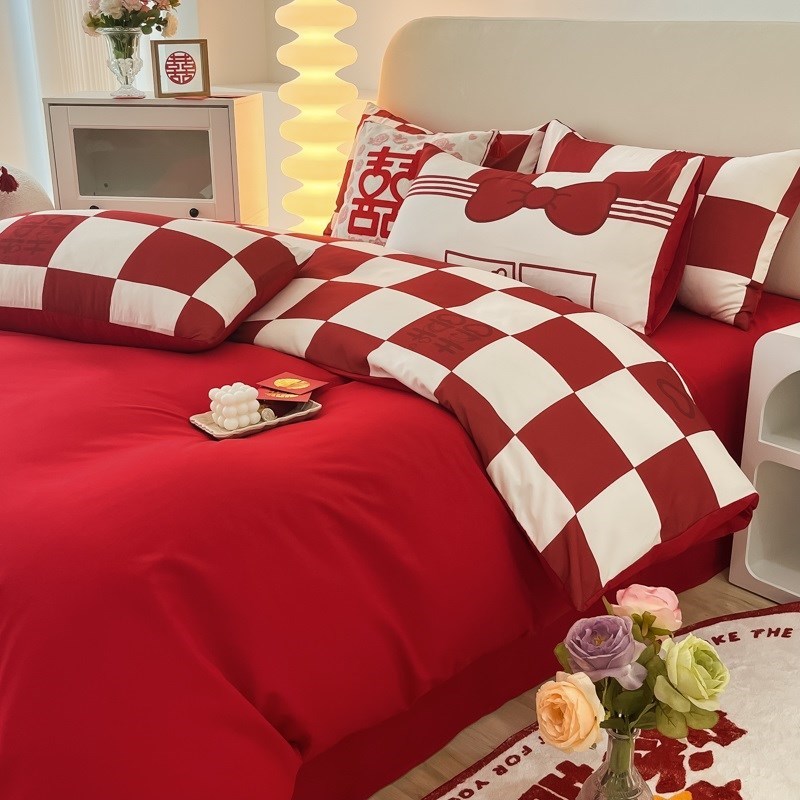 中式婚嫁婚庆四件套床单被套新婚结婚喜被大红色陪嫁婚礼床上用品