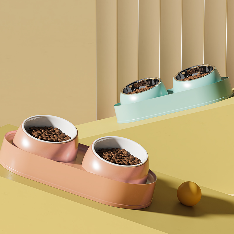猫碗陶瓷双碗狗碗猫食盆保护颈椎猫粮盆喝水碗狗盆防打翻宠物用品