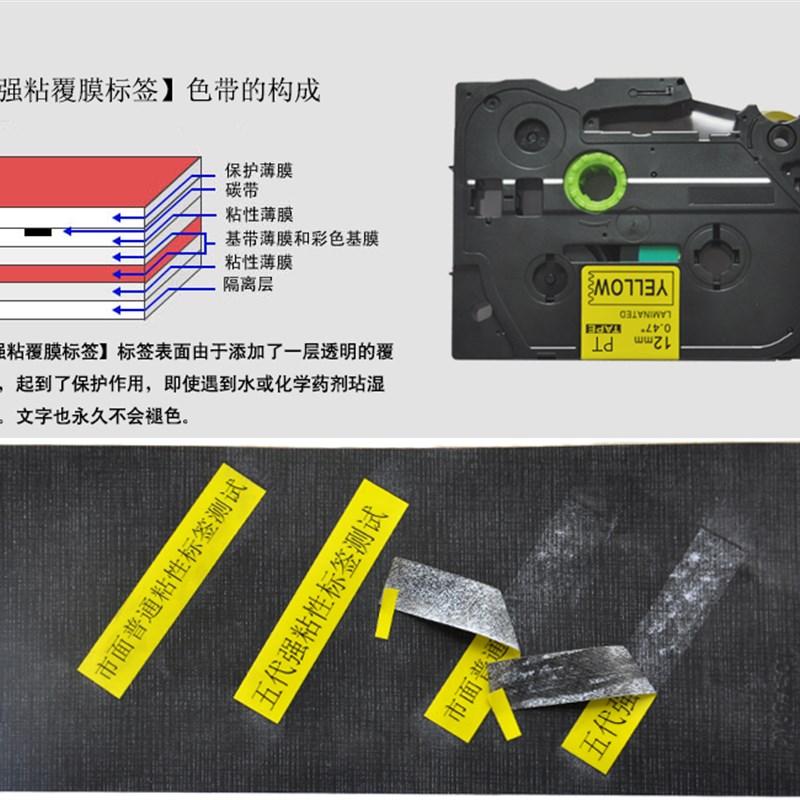 标签机色带12mm18 9白底黑字强粘线缆PT-E300/D600/P900打印纸带