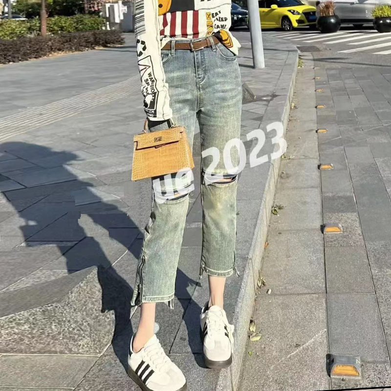 胖妹妹大码裤子女高腰直筒破洞牛仔裤女2023年新款显瘦九分烟管裤