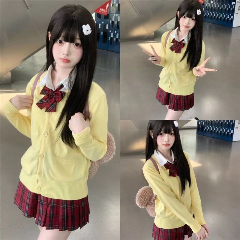 jk制服秋冬套装黄色针织开衫毛衣老头针织衫衬衫甜美格裙四件套女