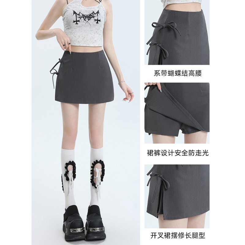 白色西装裙裤女夏季小个子防走光包臀短裙蝴蝶结系带开叉A字裙潮