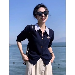 假两件内搭打底上衣 蓝色polo翻领针织开衫 女秋季 短款 毛衣外套修身