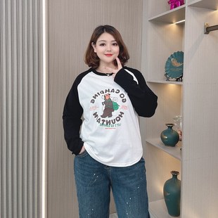 春秋季新款长袖打底衫女大码上衣胖mm宽松显瘦休闲遮肚子圆领T恤