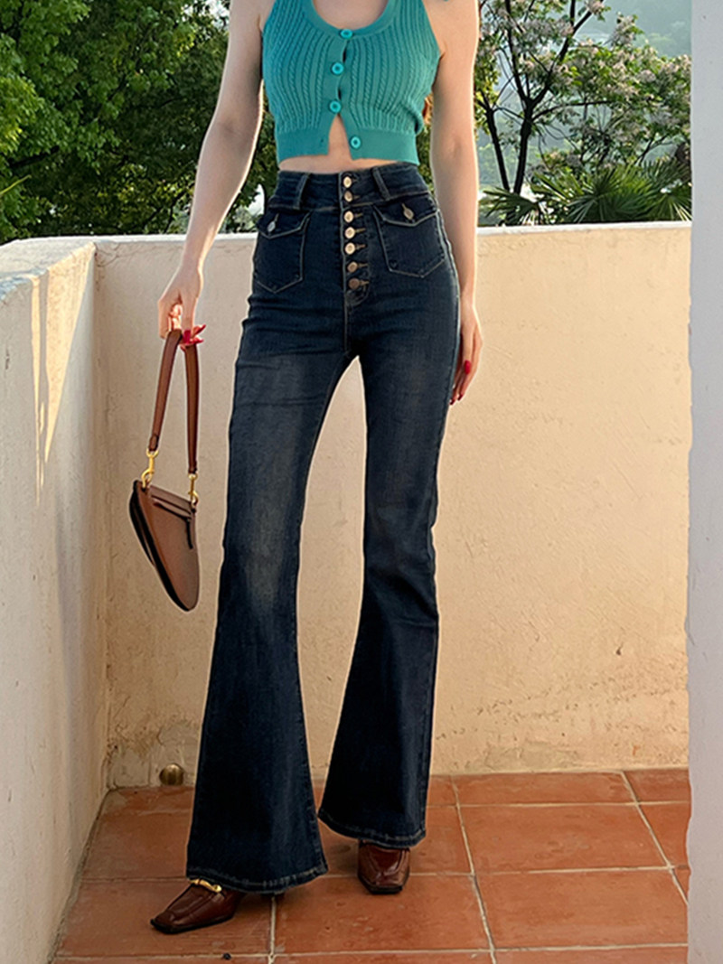 伍小雨wuyu甜辣单排扣超高腰显瘦修身微喇牛仔裤夏季新款马蹄裤女