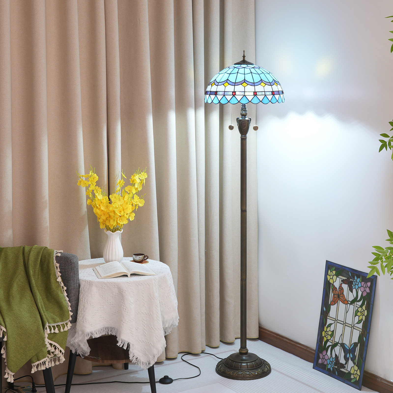 欧琈蒂凡尼欧式蓝色羽毛玻璃餐厅装饰灯客厅卧室床头落地灯