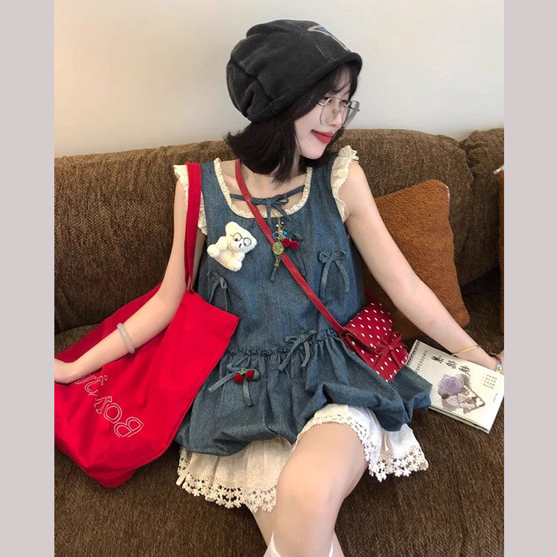 小个子活泼俏皮牛仔背心裙两件式套装花苞裙洋装女蓬蓬蛋糕裙短裙