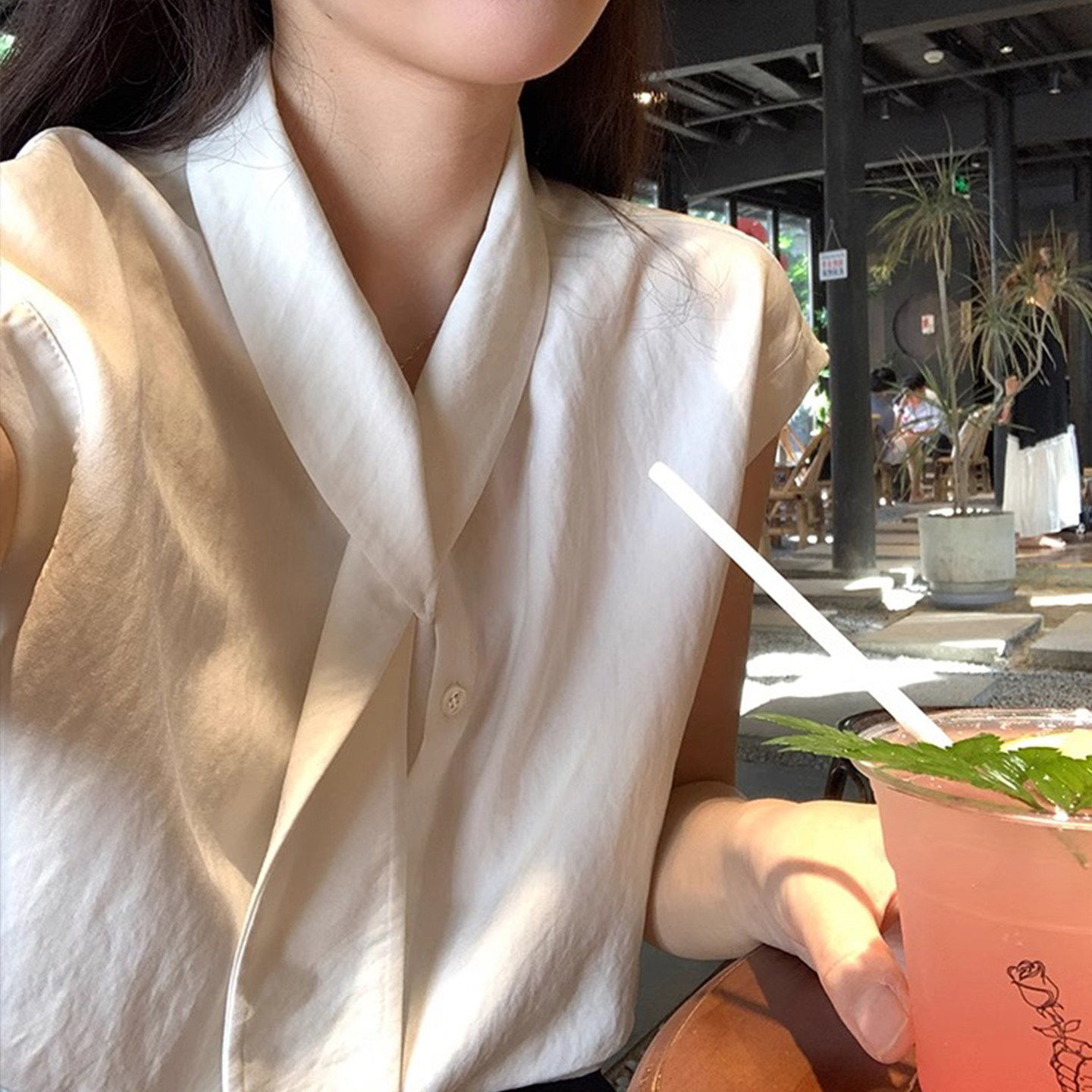 法式白色飘带短袖衬衫女夏季小个子高级感衬衣宽松气质小飞袖上衣