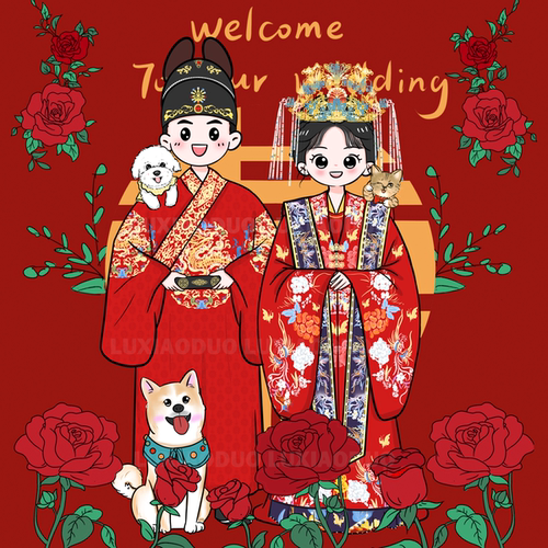 手绘头像Q版情侣婚礼婚纱照定制中式秀禾汉服人形立牌迎宾牌设计