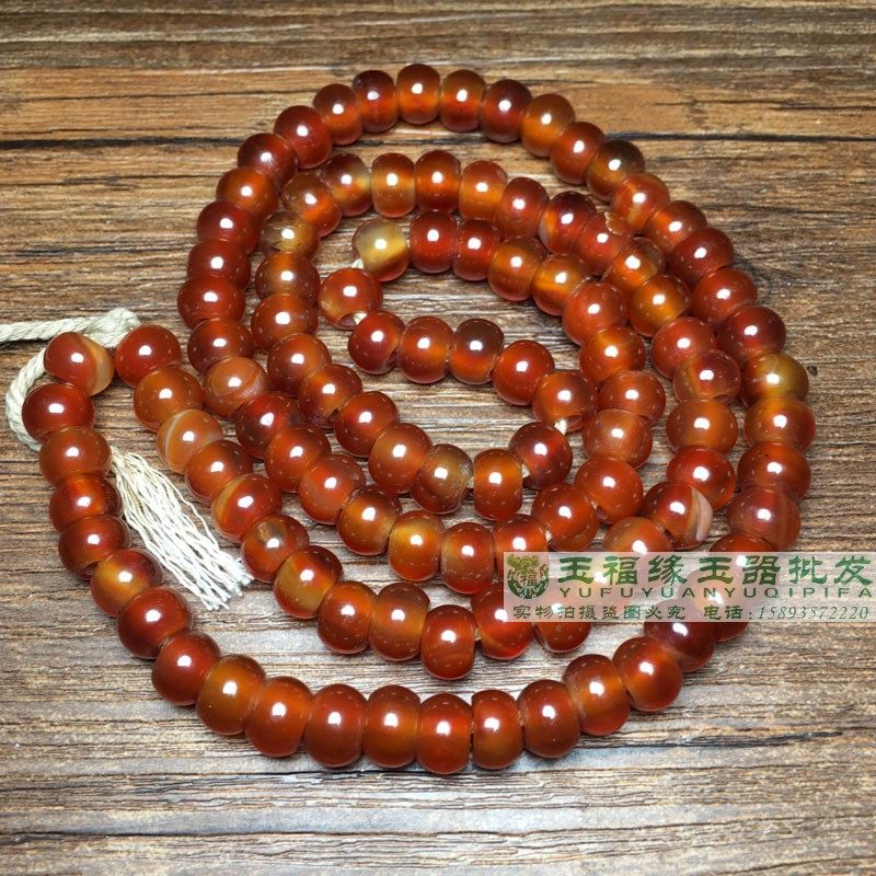 西亚酒红老玛瑙108佛珠念珠算盘珠手串古玉器收藏大孔老玛瑙配饰