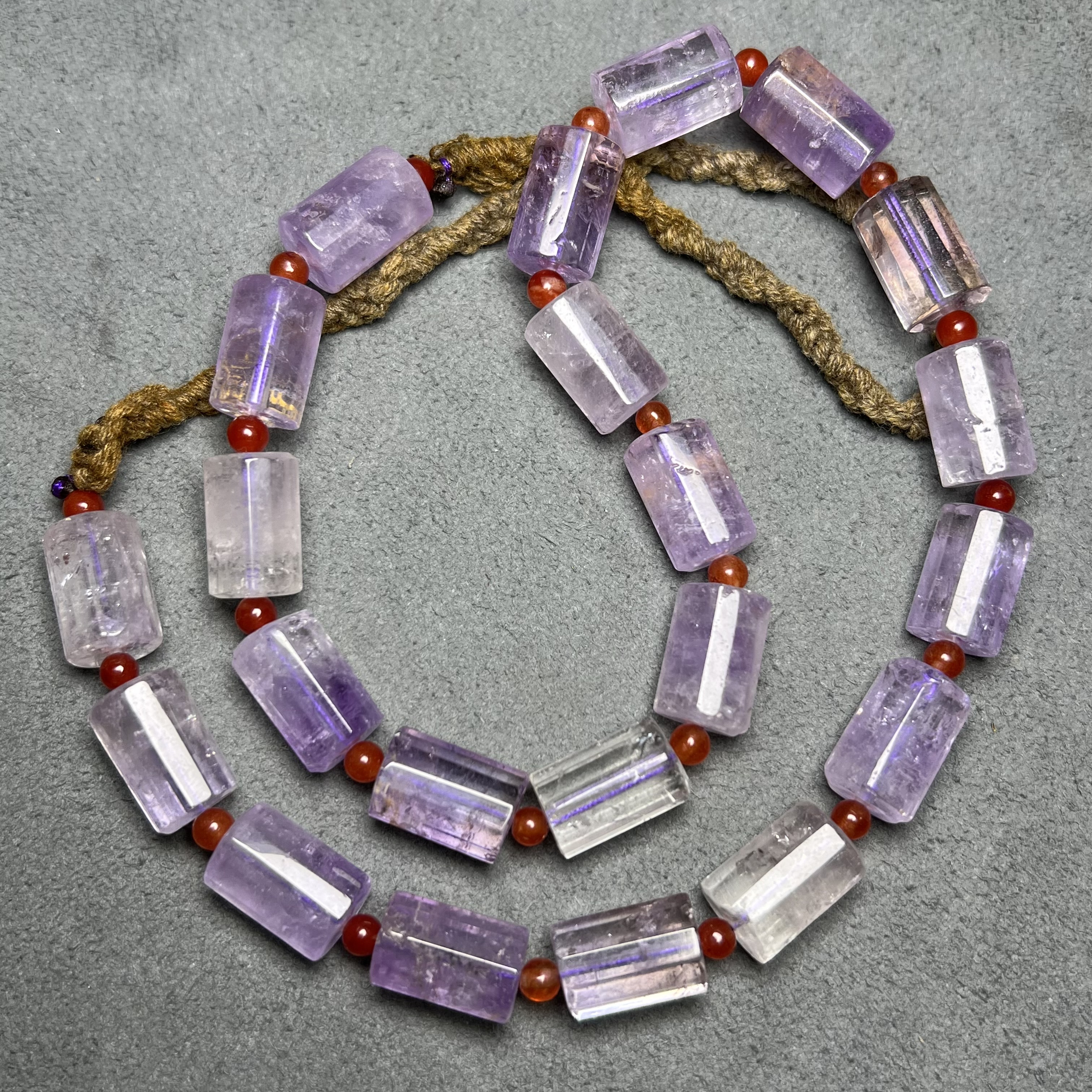 天然薰衣草紫水晶桶珠项链尼泊尔喜马拉雅紫水晶长形原石复古项链