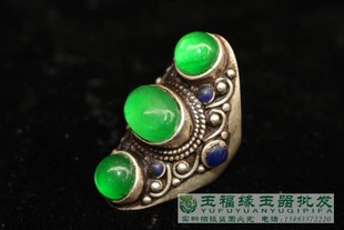 古玩古董收藏清代老翡翠玉冰种方形圆形戒面老银镶嵌开口戒指扳指
