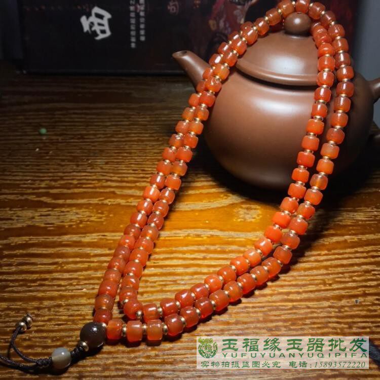 古玩柿子红橘皮纹车轮长串手链