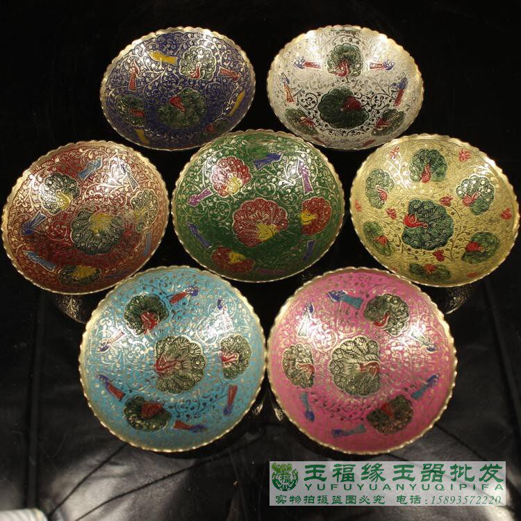 古玩收藏尼泊尔纯铜彩绘七彩净水碗圣水杯果盘供碗佛堂供奉圣水碗