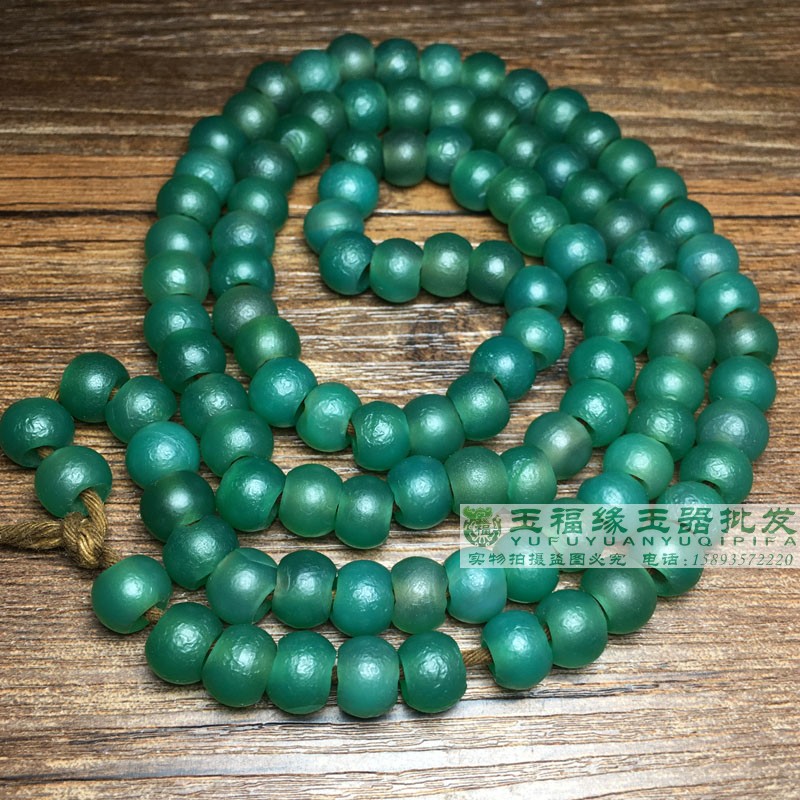 天然橘皮纹西周老绿玛瑙风化桶片珠项链108颗佛珠念珠算盘珠配饰