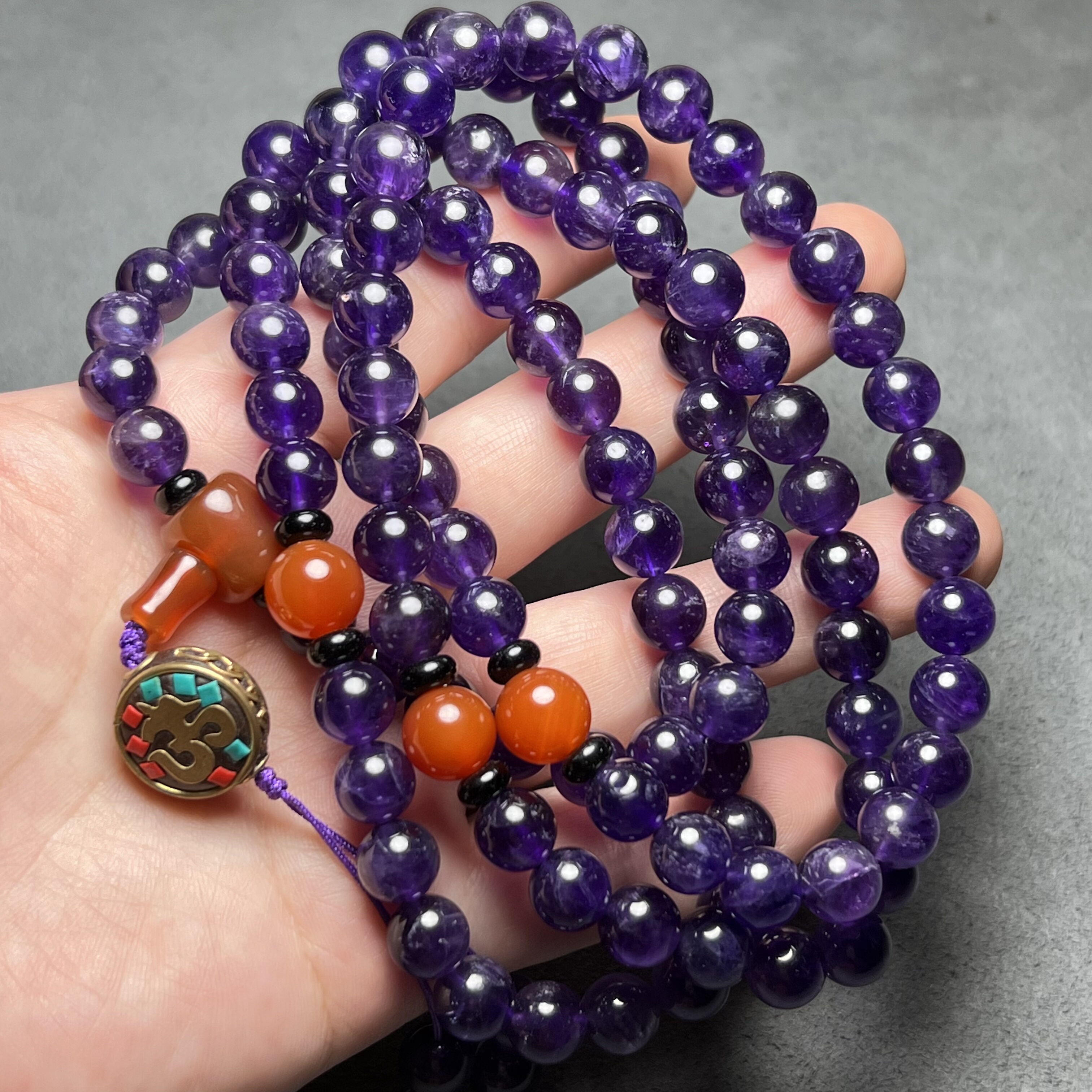 复古天然紫水晶紫罗兰圆珠朝珠老水晶项链108颗佛珠念珠手链颈饰