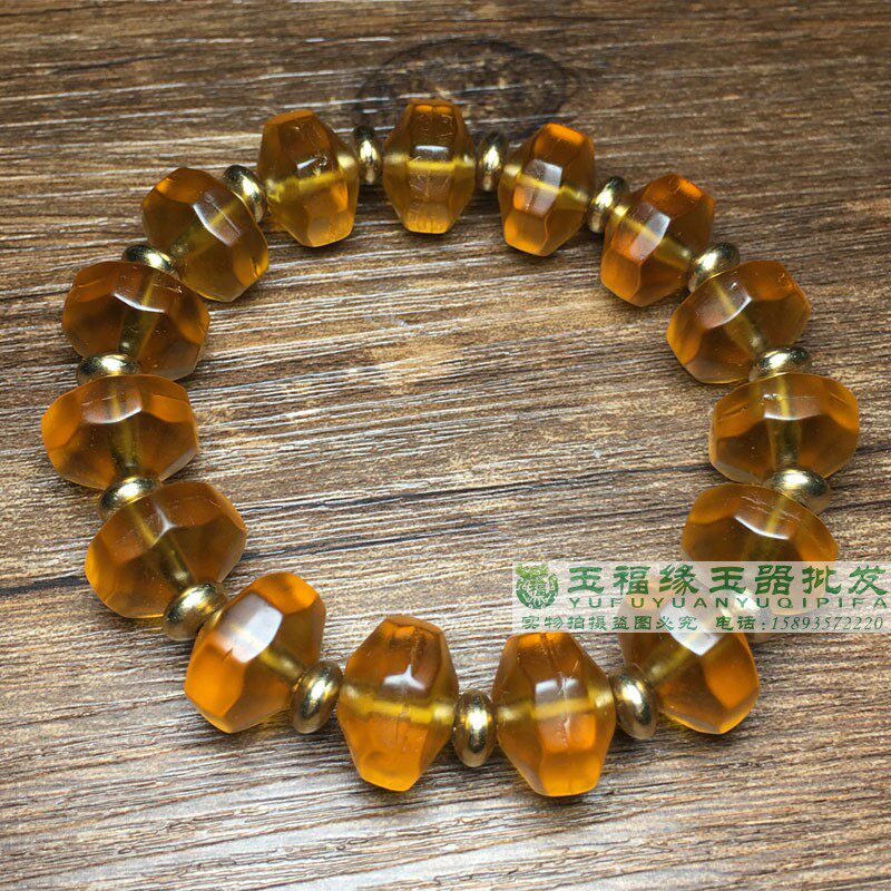 尼泊尔手工老琉璃凡士林珠通透多棱老琉璃琥珀黄珠子文玩配珠手链