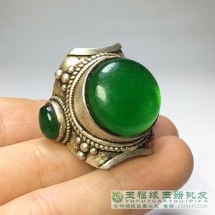 古玩古董收藏清代老翡翠玉冰种蛋面戒面老银镶嵌开口戒指足银扳指