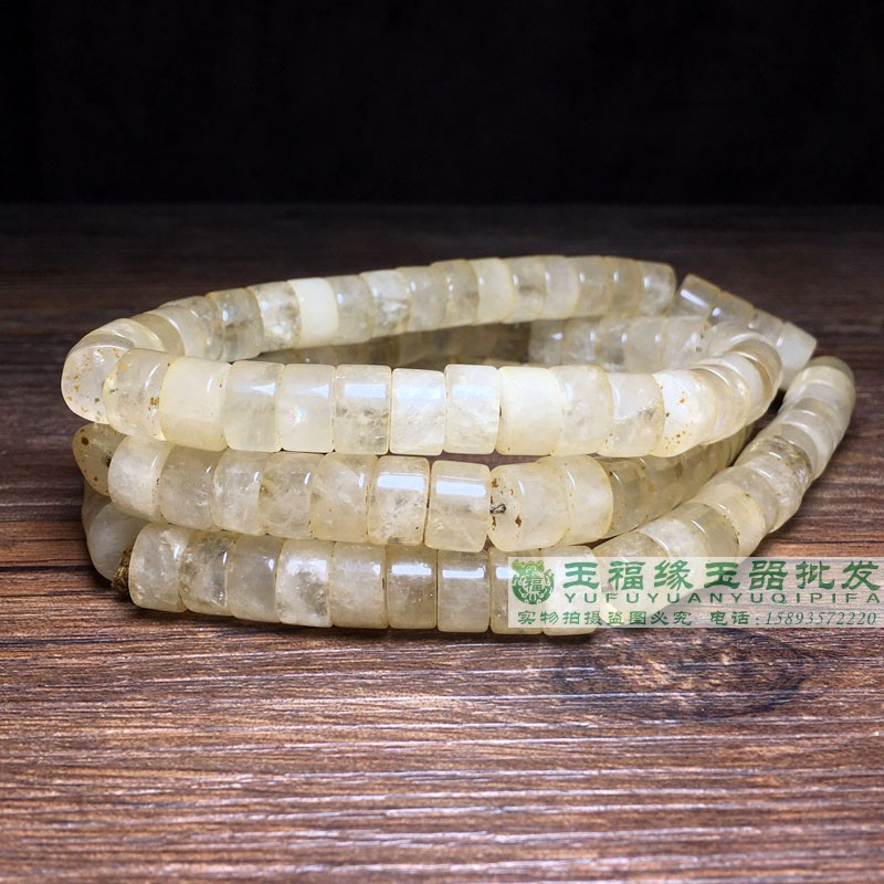 古玩老水晶珠子老货收藏白水晶108颗直切车轮珠老珠子大算盘扁珠