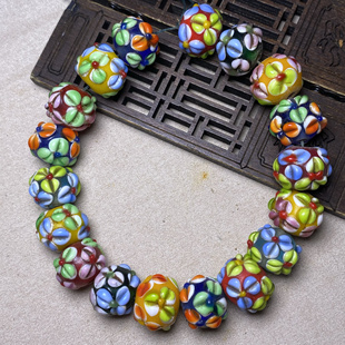 古玩手工老琉璃千花算盘珠链串蛋糕琉璃花珠子立体车轮珠文玩配饰
