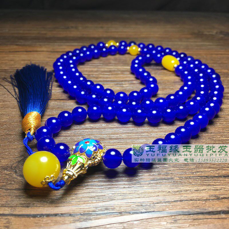 天然冰透蓝玉髓108颗藏式毛衣链玛瑙多圈手串玉石男女款水晶佛珠