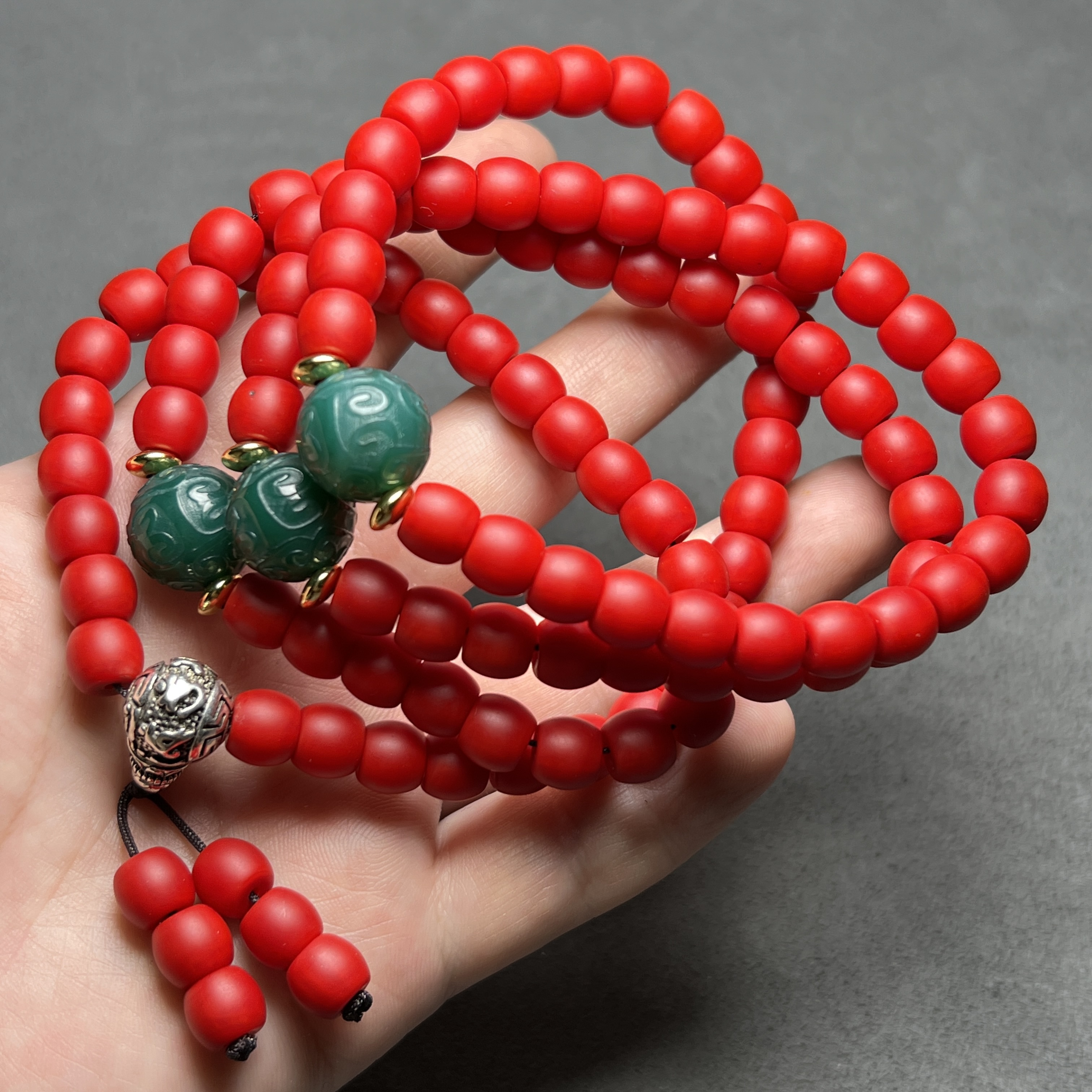 尼泊尔手工古法雪巴牛血红琉璃珠多圈手串佛珠串108颗雪巴手链