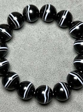 天然黑白一线药师珠玛瑙手链男女单圈缠丝玛瑙圆珠佛珠子玉髓手串