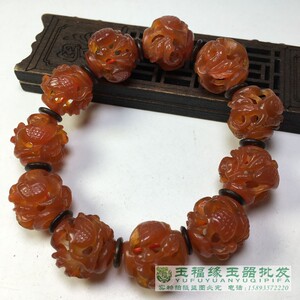 古玩辽金水玉透雕手串鹿鹤老玛瑙