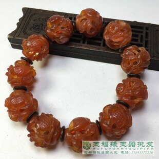 古玩柿子红辽金镂空老玛瑙秋山水玉鹤透雕圆珠手串鹿鹤同春手链