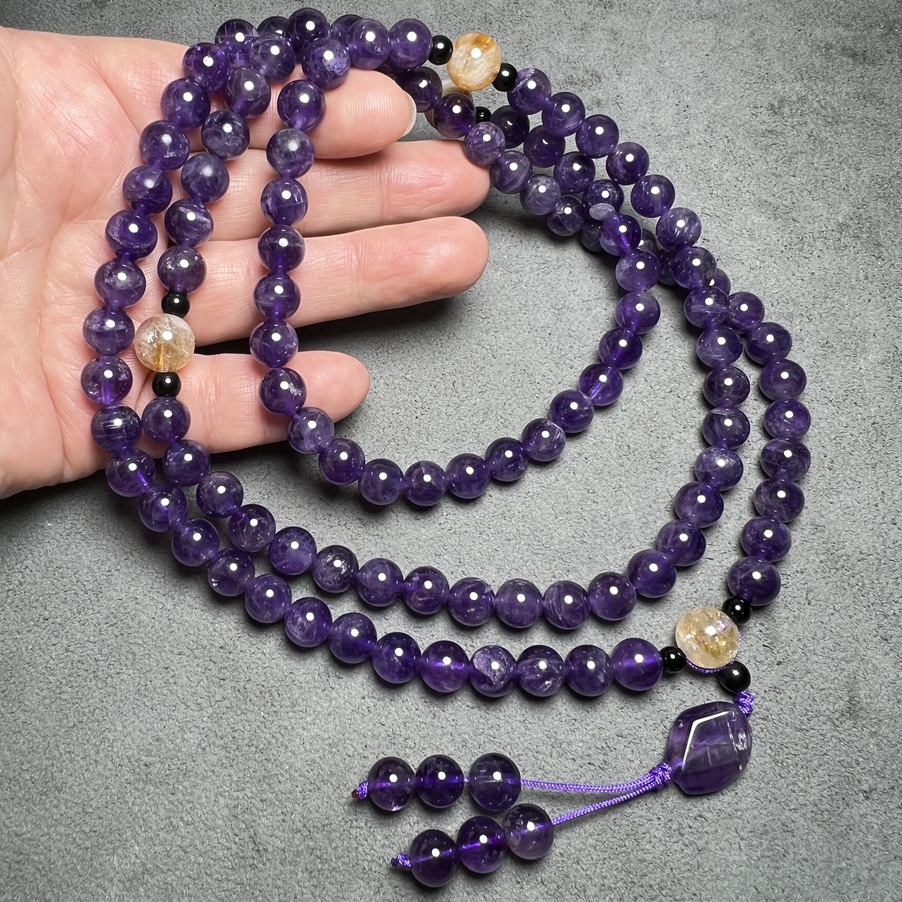 天然老料紫水晶原石色圆珠佛珠多圈手链项链乌拉圭紫水晶108手持