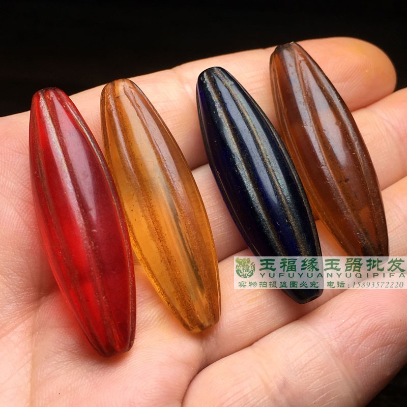 尼泊尔手工老琉璃水晶色红白蓝包浆琉璃长管瓜珠项链佛珠手串配饰