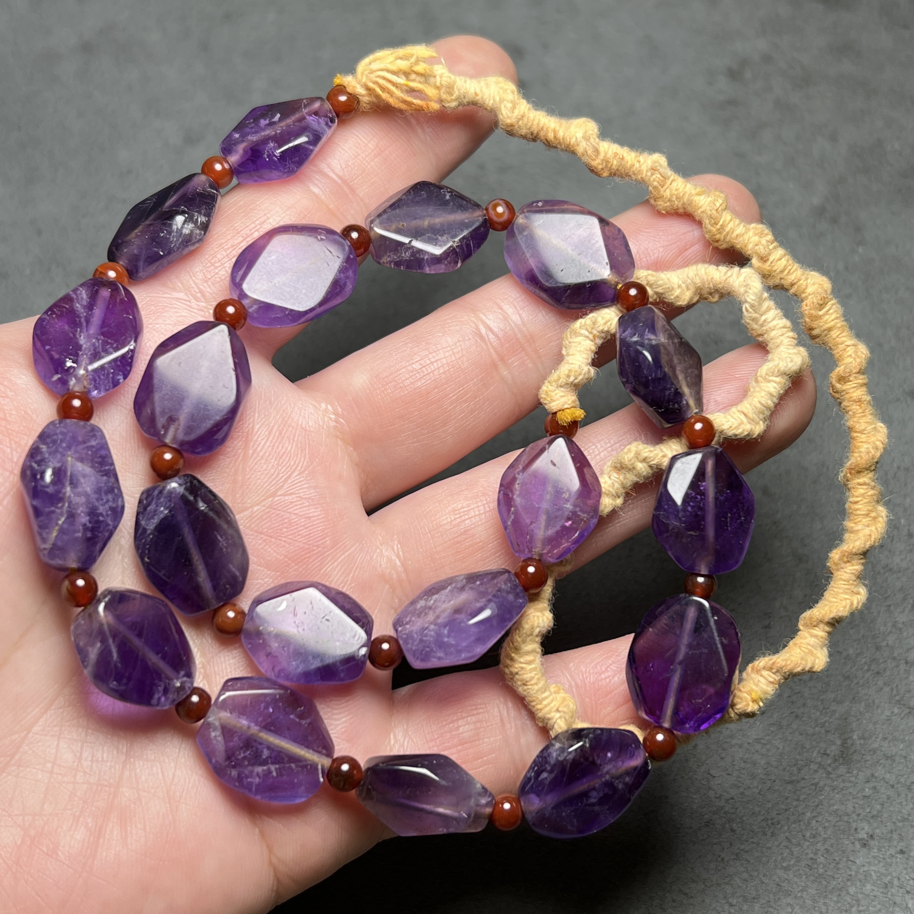 尼泊尔天然紫水晶麻绳项链菱形手链切面项链珠串水晶手串文玩配饰