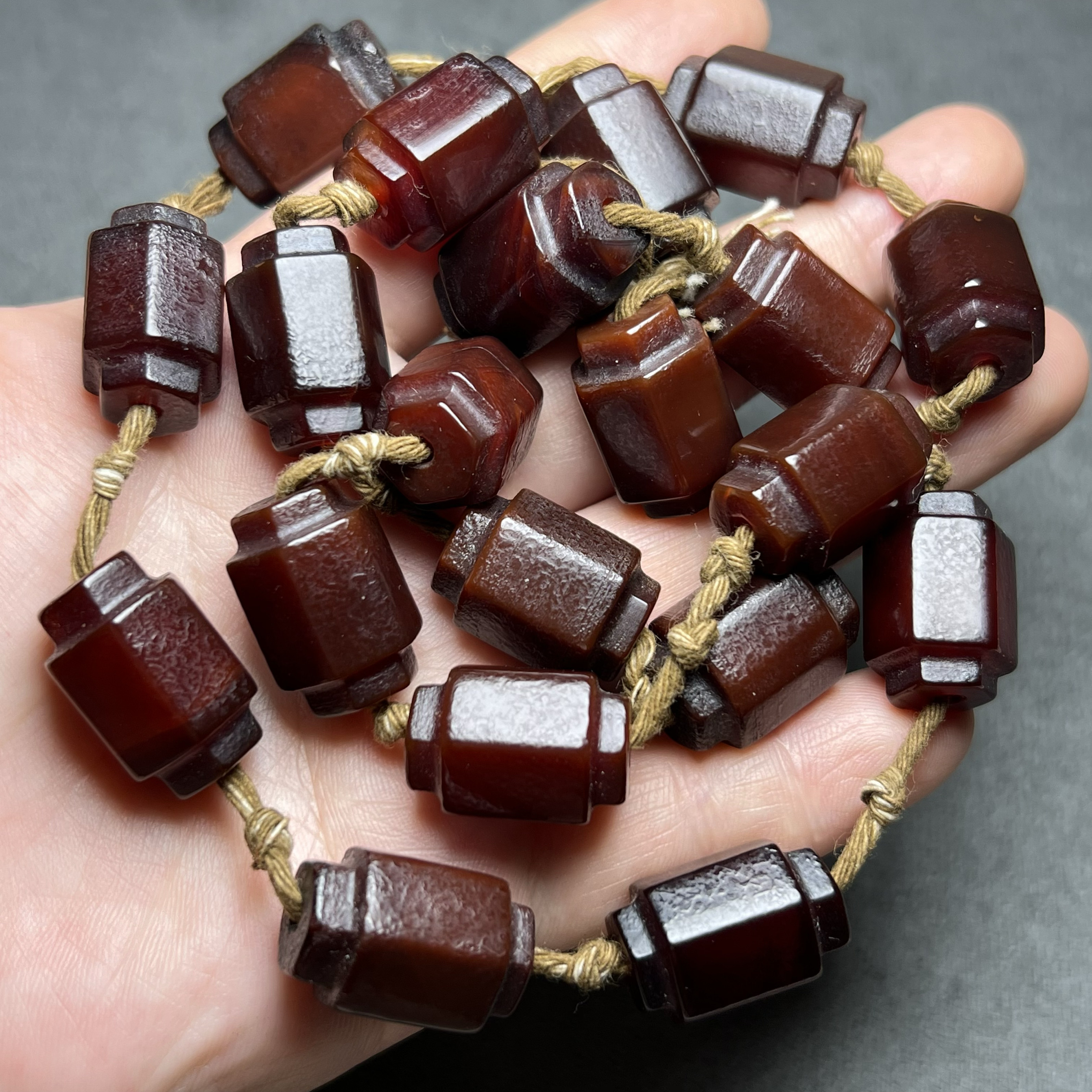 古玩老珠子辽金酒红老玛瑙橘皮纹老玛瑙六棱灯笼珠桶珠大孔配饰珠