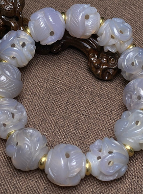 古玩老玛瑙镂空雕双鹤齐鸣古法老玛瑙镂空工艺松鹤延年佛珠手链