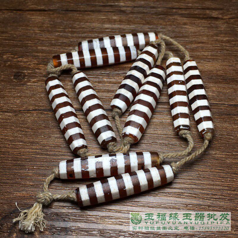 古玩杂项尼泊尔配珠西亚镶蚀长管线珠 老镶蚀线珠 棱珠长管珠串