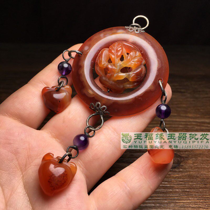 古玩珍藏老玛瑙九棱台三才环吊坠搭配松鹤延年打造玉佩吊坠配饰