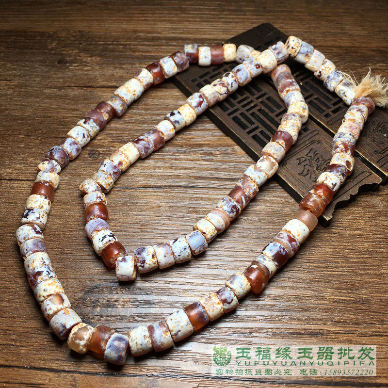 古玩旧藏老气包浆西亚回流车轮珠108老玛瑙鸡骨白佛珠算盘珠项链