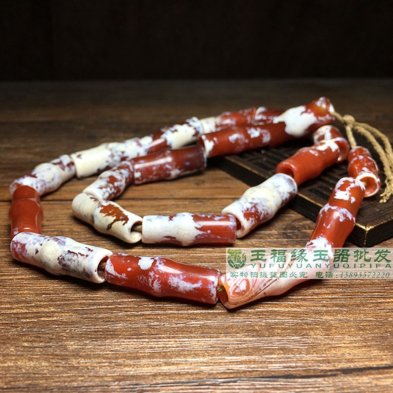 大孔灰白皮老玛瑙西亚玛瑙竹节管良渚文化玉红玉带白沁岭管链子
