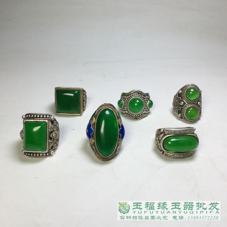 古玩古董收藏清代老翠玉冰种方戒托老银镶嵌开口戒指纯银霸气扳指