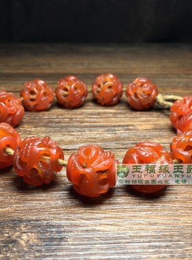 古玩老玛瑙镂空雕双鹤齐鸣红玛瑙镂空仙鹤老珠子珠串手串手链配饰