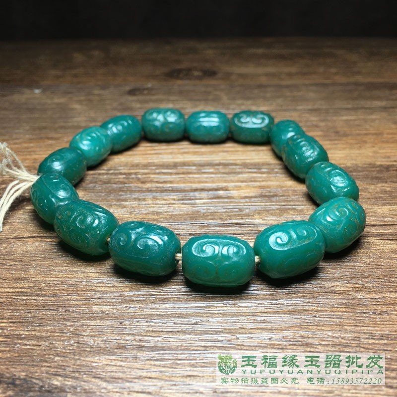 古玩文玩杂项 风化包浆老玛瑙回纹珠手链 绿玛瑙桶珠手串文玩配珠