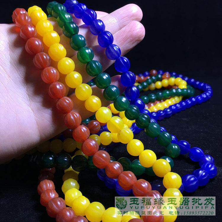 复古红绿黄蓝玛瑙多瓣圆珠南瓜珠淡绿玛瑙108佛珠瓜珠项链包邮