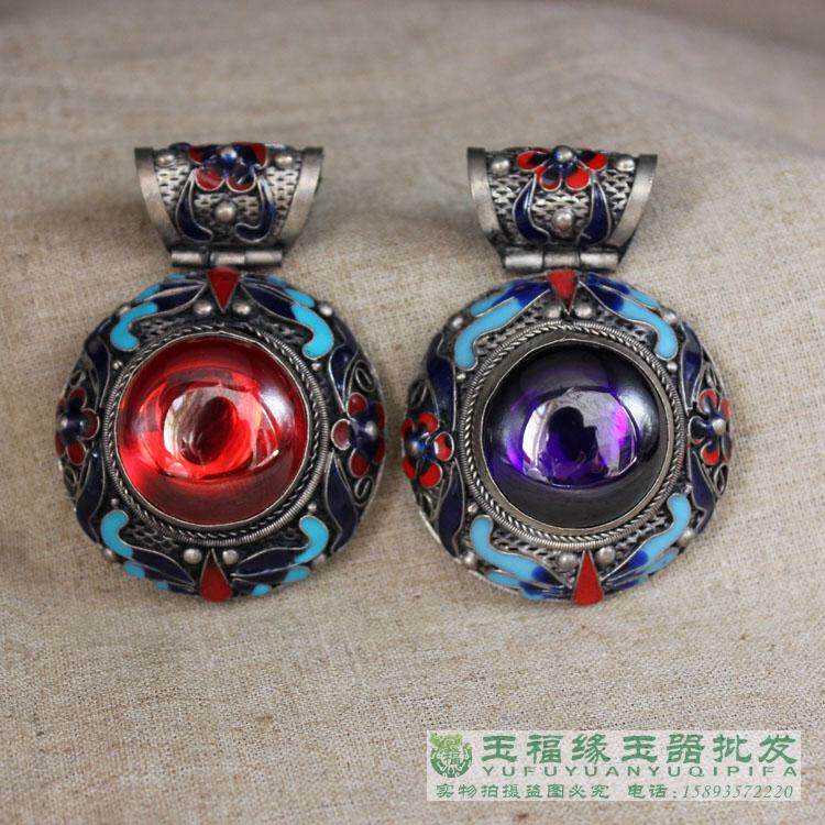 古玩杂项收藏 白铜镀银烤蓝 景泰蓝镶蓝锆石挂坠 吊坠 朝珠配件