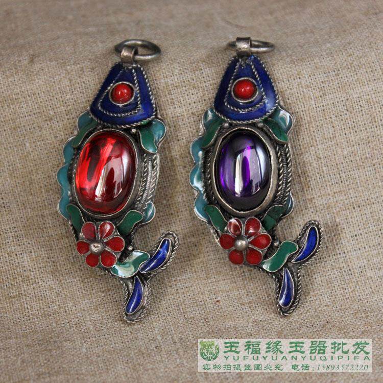 古玩杂项仿古银镶锆石吊坠 掐丝景泰蓝珐琅镶红宝石锆石小鱼挂件